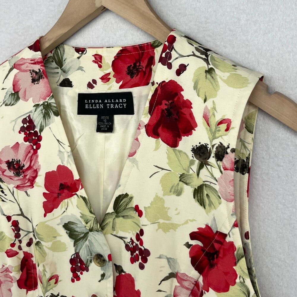 ELLEN TRACY Vest 10P Petite LINDA ALLARD Floral Button Up Waistcoat Red Vintage - Picture 5 of 12